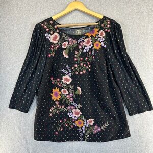 One September Black Embroidered Pink Floral Dot 3/4 Sleeve Top Womens Size Large